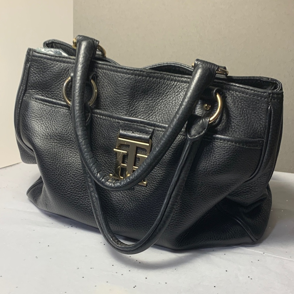 Tommy Hilfiger Black Soft Leather Satchel with Gold Logo and Hardware